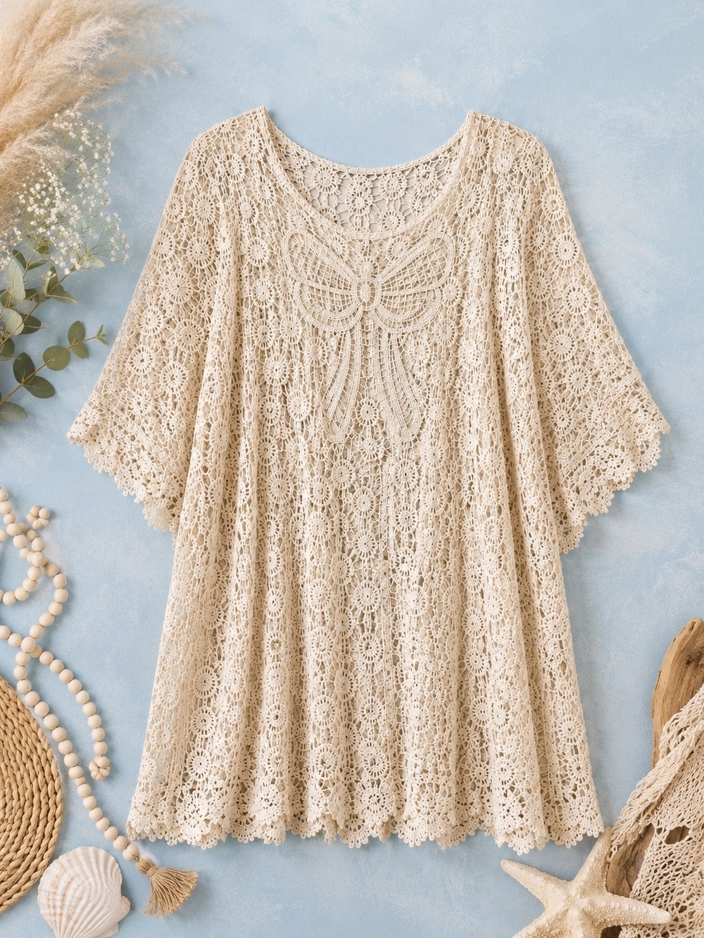 Boho Crochet Butterfly Tunic Beach Cover Up Ivory Lace Oversized L XL Ptp 24"